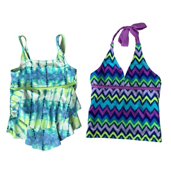 Justice Swim Tops (2) Tankini Ruffle Tie Dye Geometric Neck Tie Girls Size 8 - Picture 1 of 8